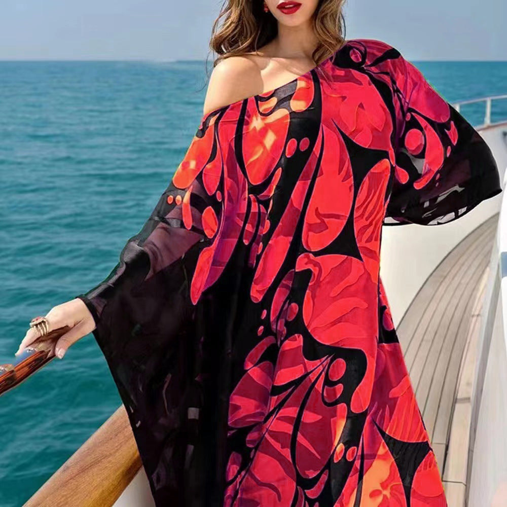 Spring Summer Women Sloping Shoulder Dress Bohemian Dress Printed Loose off Shoulder Dress by Ragazza