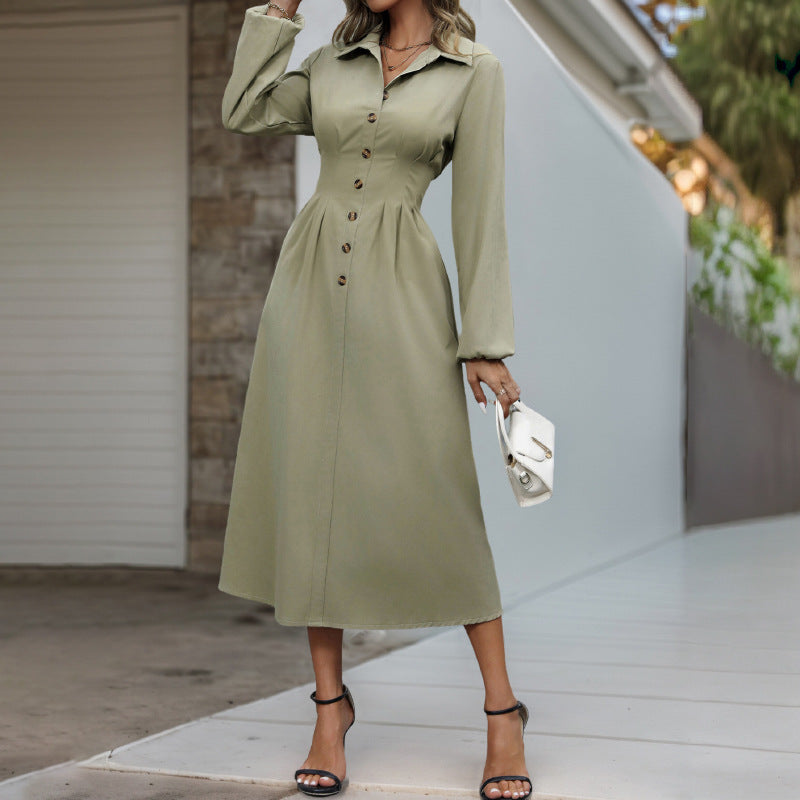 Spring Autumn Cardigan Button Polo Collar Solid Color Long Sleeve Slim Fit Dress  DestGlow