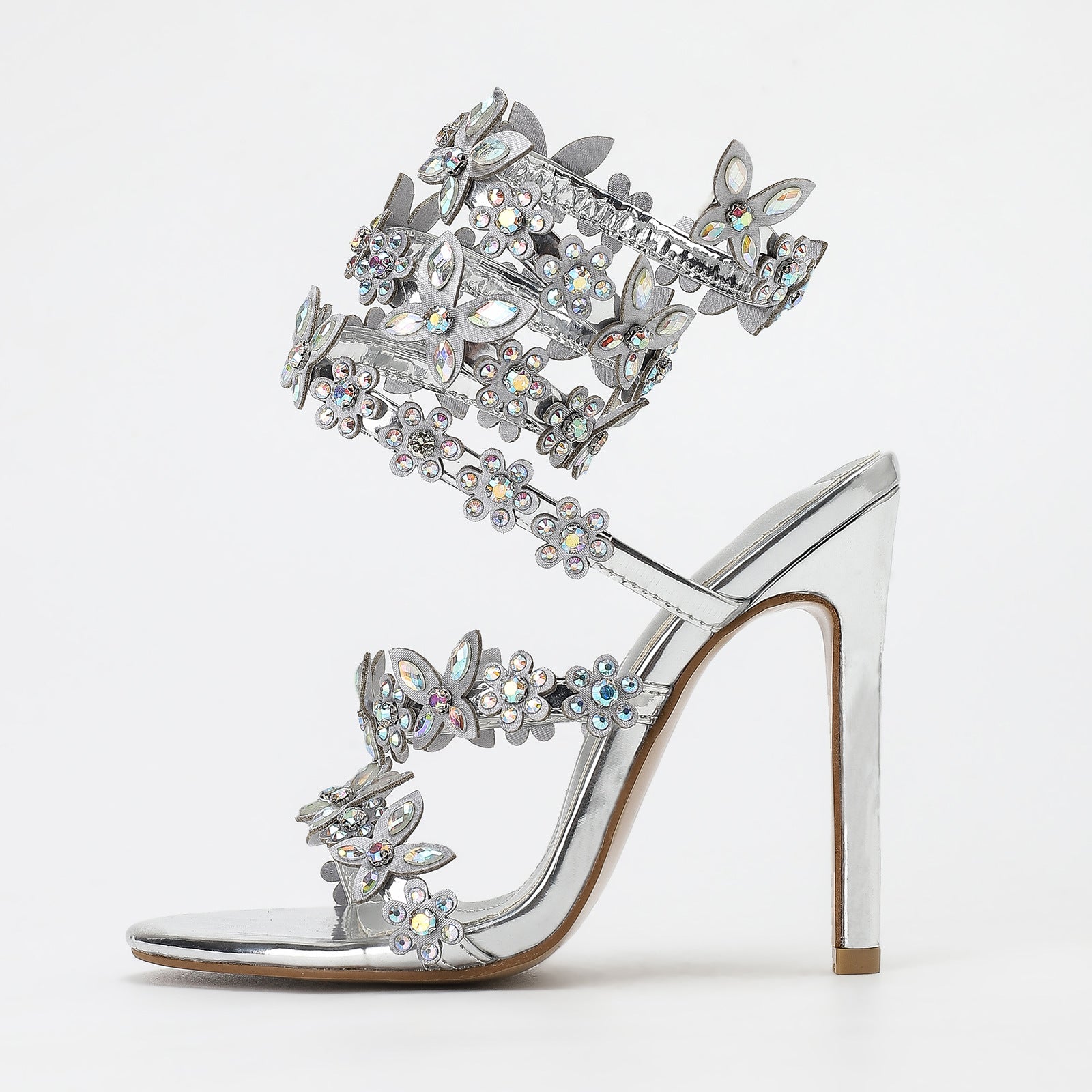 Gold Silver Color 11cm Stiletto round Toe Satin Floral Dream Color Rhinestones High Heel Sandals Summer Heels  DestGlow