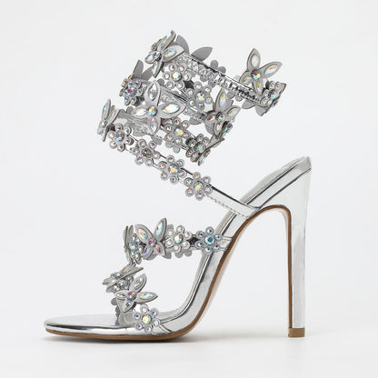 Gold Silver Color 11cm Stiletto round Toe Satin Floral Dream Color Rhinestones High Heel Sandals Summer Heels  DestGlow