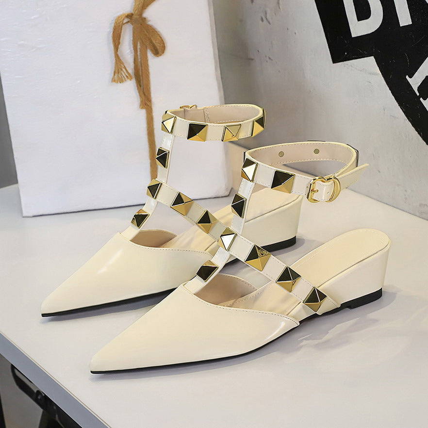 French Wedge Pointed Toe Sandals Women Classic Rivet Design Buckle Comfortable Closed Toe Back Empty Shoes  DestGlow
