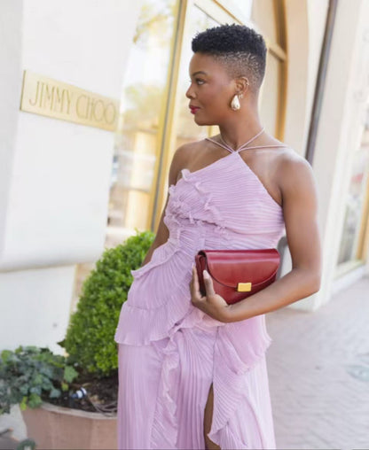 Spring Summer Pleated Ruffled Halter Backless a Swing Chiffon Elegant Dress by Ragazza