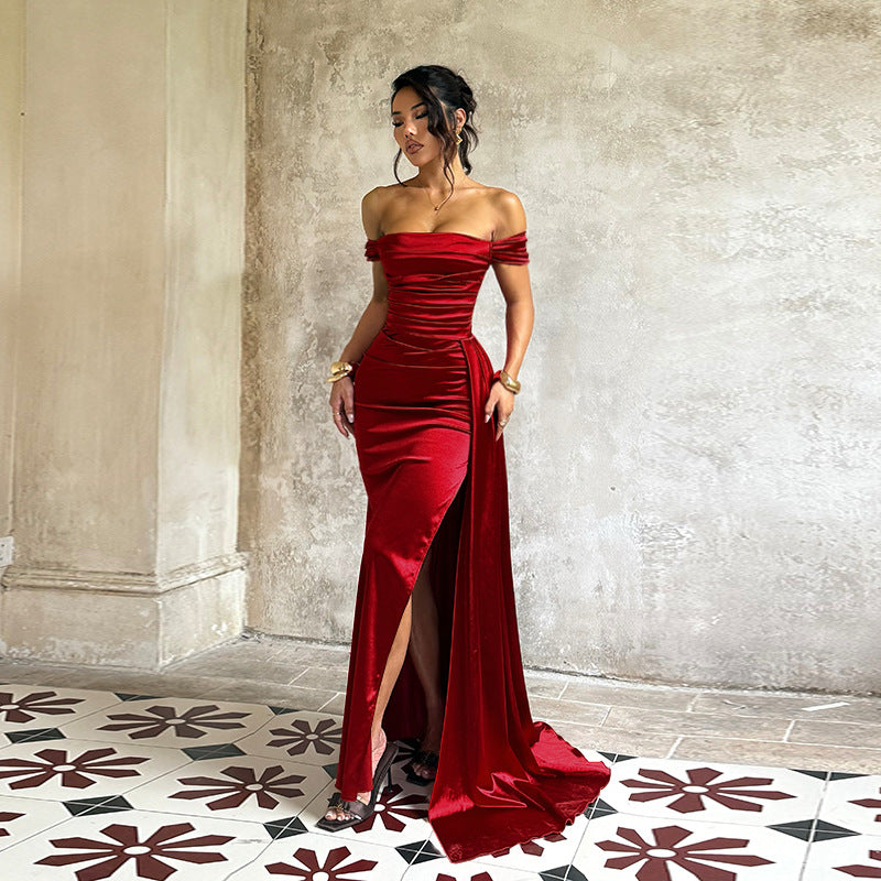 Off Shoulder Satin Dress for Women Autumn Sexy Split Dress by Ragazza
