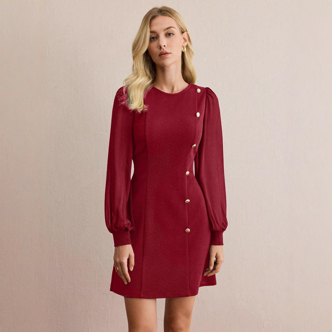 Early Spring Women Slim Fit Slimming Solid Color Clinch Stitching Long Sleeve Dress by Ragazza