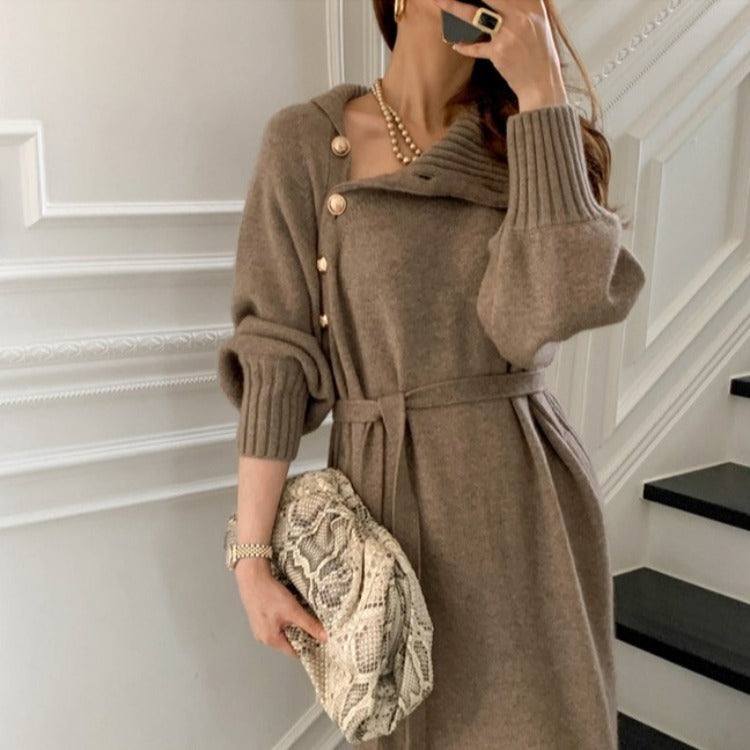 Japanese Korean Lace up Waist Trimming Knitted Dress Autumn Winter Loose Slimming All Matching Turtleneck Long Sweater for Women by Ragazza