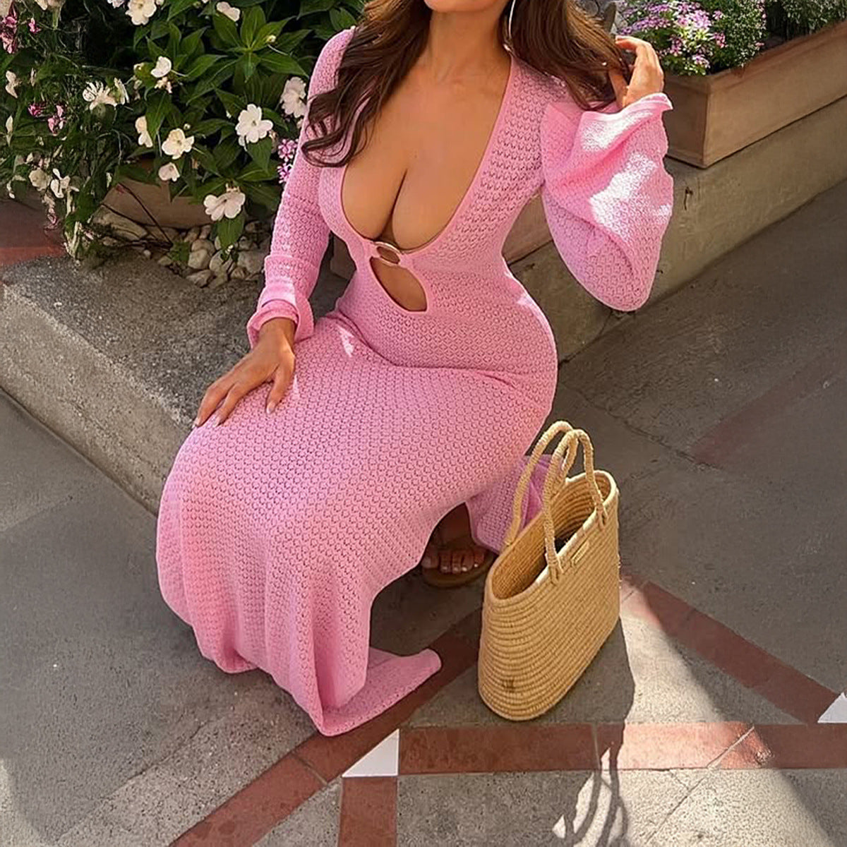 Spring Summer Vacation Women Deep V Plunge neck Long Sleeve Solid Color Woolen Buckle Dress for Women by Ragazza