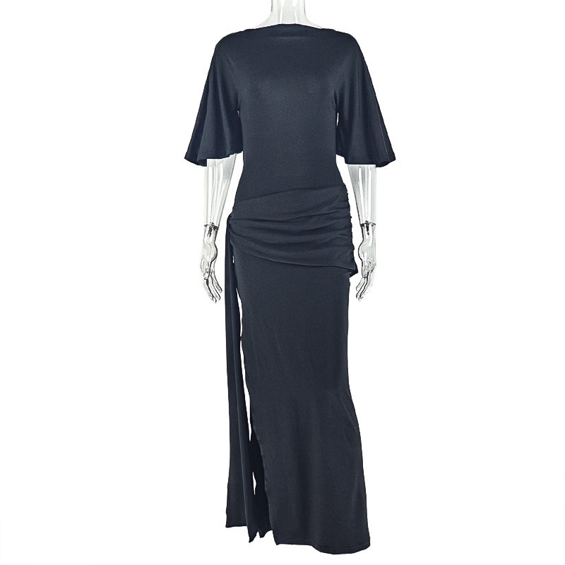 Women Clothing Backless Sexy Pleated Loose Hip Dress off Neck Lace up Split Maxi Dress by Ragazza