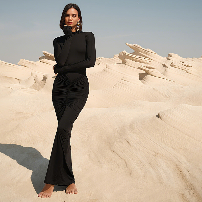 Women Clothing Autumn Solid Color Elegant Slim Slimming Pleated Turtleneck Long Sleeve Dress by Ragazza