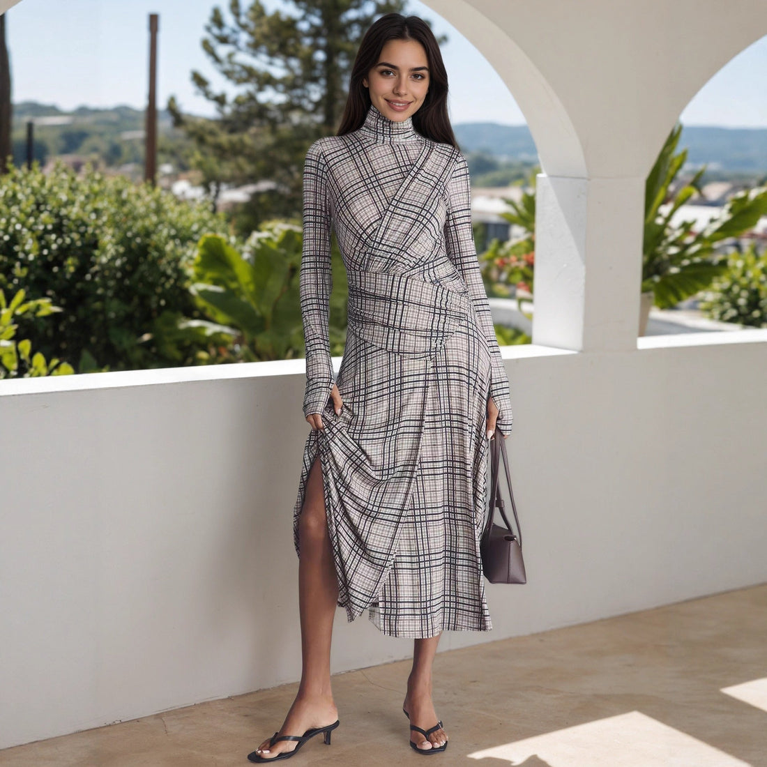 Autumn Winter Elegant Women Clothing Stand Collar Long Sleeve Plaid Fabric Pleated Slim Fit Casual Dress by Ragazza