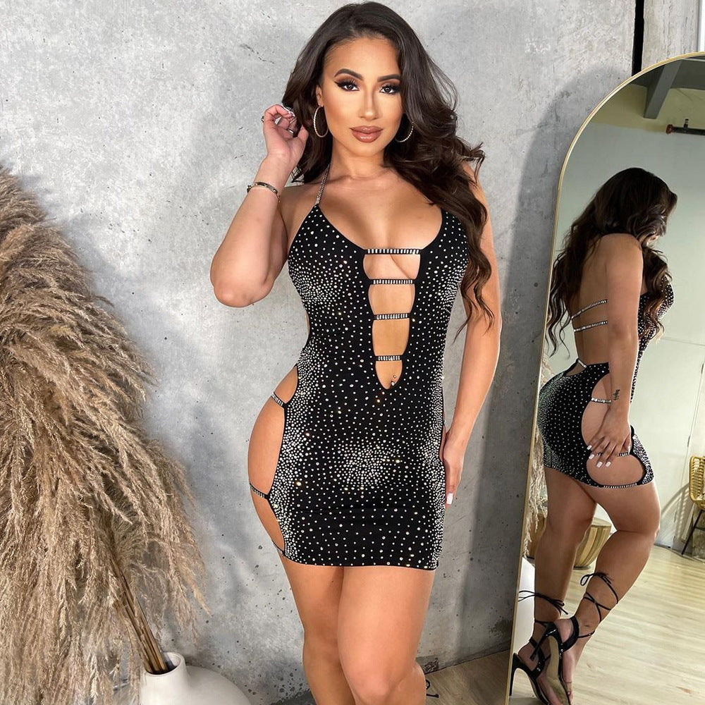 Summer Women Clothing Sexy Hollow Out Cutout Rhinestone Strap Dress for Women by Ragazza