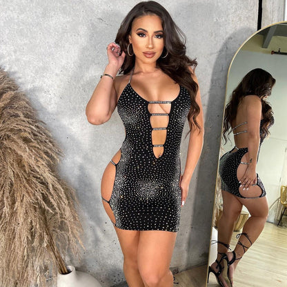 Summer Women Clothing Sexy Hollow Out Cutout Rhinestone Strap Dress for Women by Ragazza