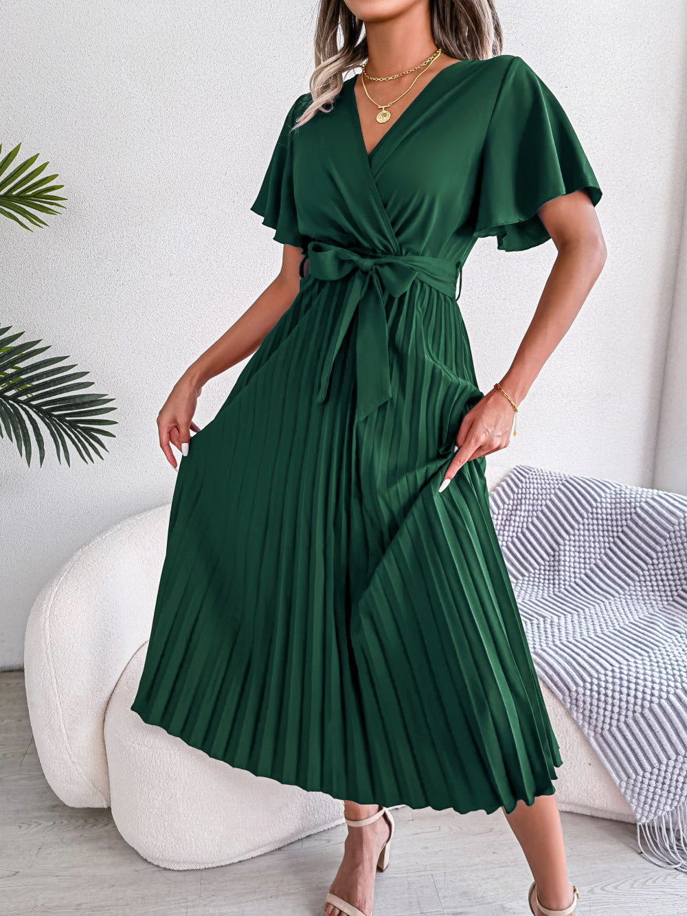 Spring Summer Elegant Criss Cross V-neck Swing Pleated Dress Women Clothing by Ragazza