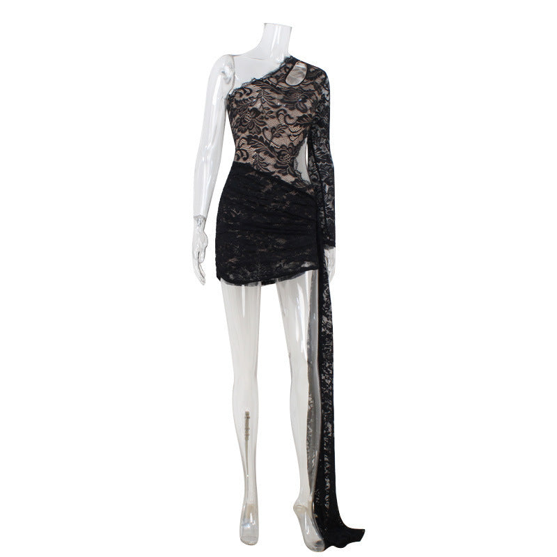 Spring Summer Diagonal Collar Sexy Lace Close Fitting Slim Fitting Sheath Dress Red Carpet Performance Dress by Ragazza