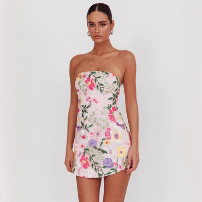 Women Slim Fit Bandeau Sling Short Niche Floral Dress by Ragazza