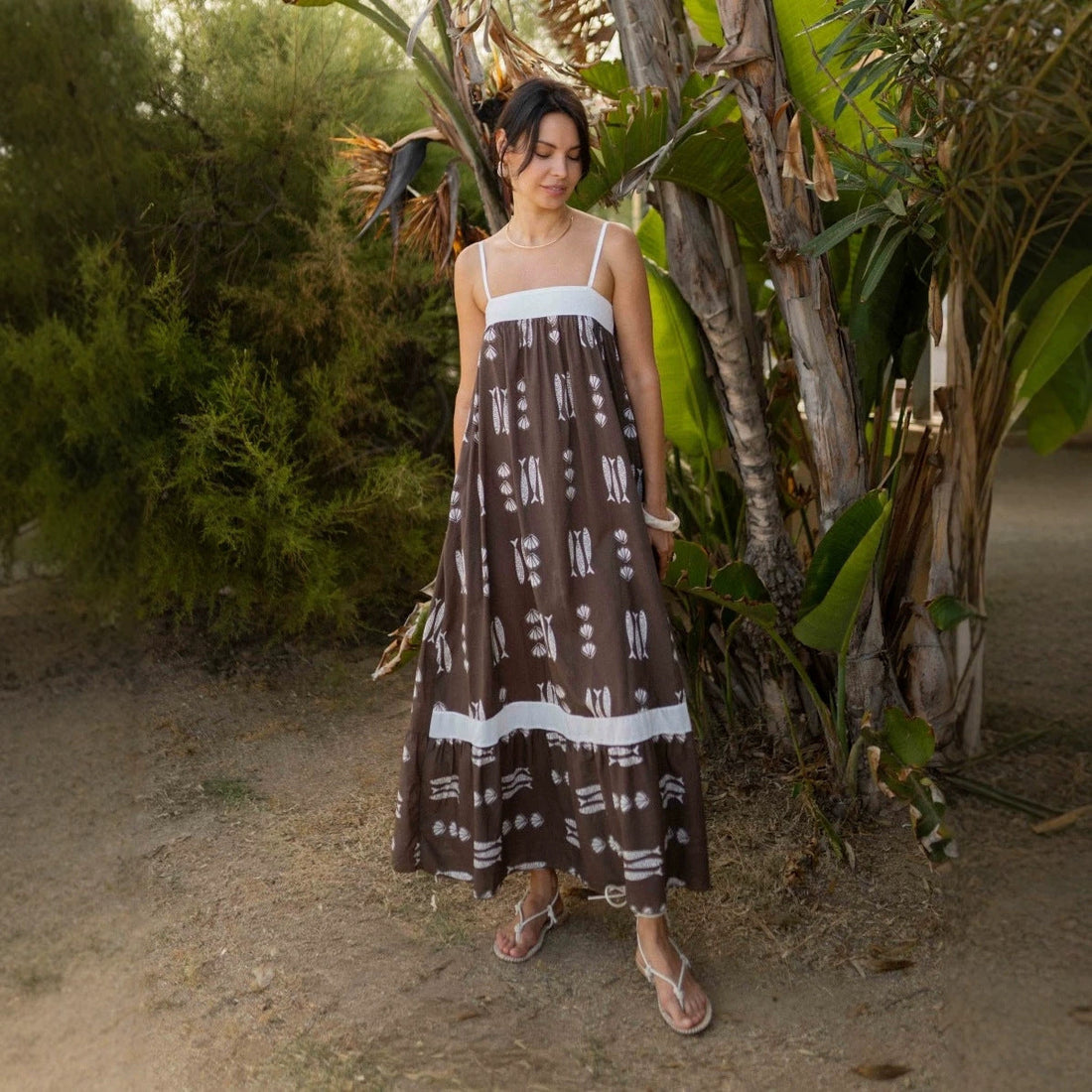 Dress Color Matching Print Holiday Large Swing Strap Dress for Women  DestGlow