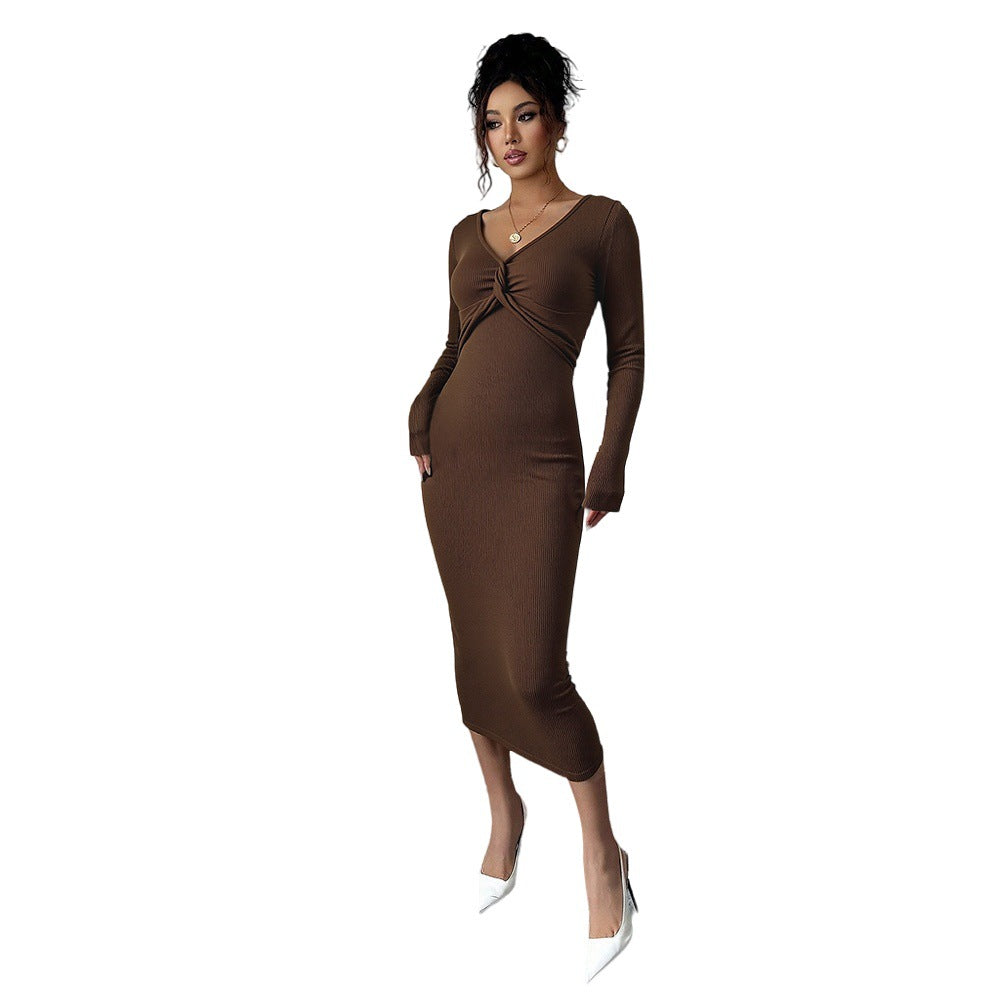 Brown V neck Dress Women Spring Autumn Chest Twist Design Slim Fit Three Quarter Sleeve Commuting Elegant Dress by Ragazza