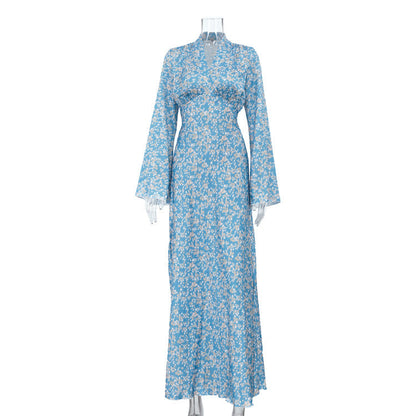 Elegant V neck Bell Sleeve French A line Dress Women Clothing High Waist Floral Dress  DestGlow