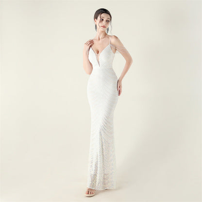 Deep V Plunge neck Wave Gradient Sequin Evening Dress Positioning Floral Cutting Craft Beaded Cocktail Battle Gown by Ragazza