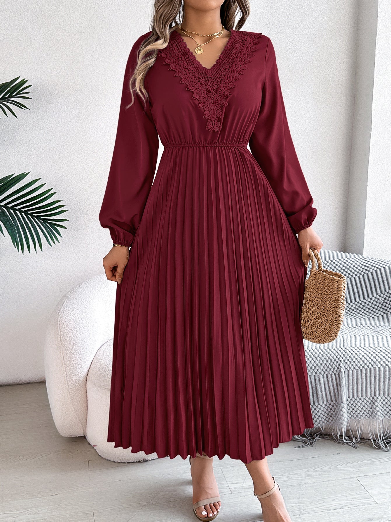 Spring Summer Elegant V neck Lace Cinched Pleated Maxi Dress Women Clothing by Ragazza