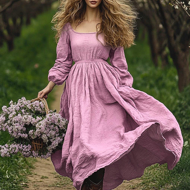 Fall Women Clothing off Neck Retro Solid Color Long Sleeve Big Hem Dress by Ragazza