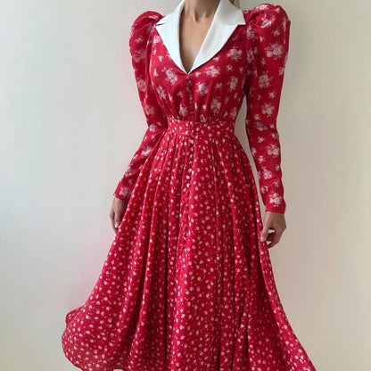 Contrast Color Design Collared Long Sleeve A line Women Waist Controlled Printed Large Swing Dress by Ragazza