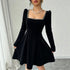 Women Clothing French Vintage Velvet Square Collar Dress Women Pearl Trim Waist Slimming A line Dress  DestGlow