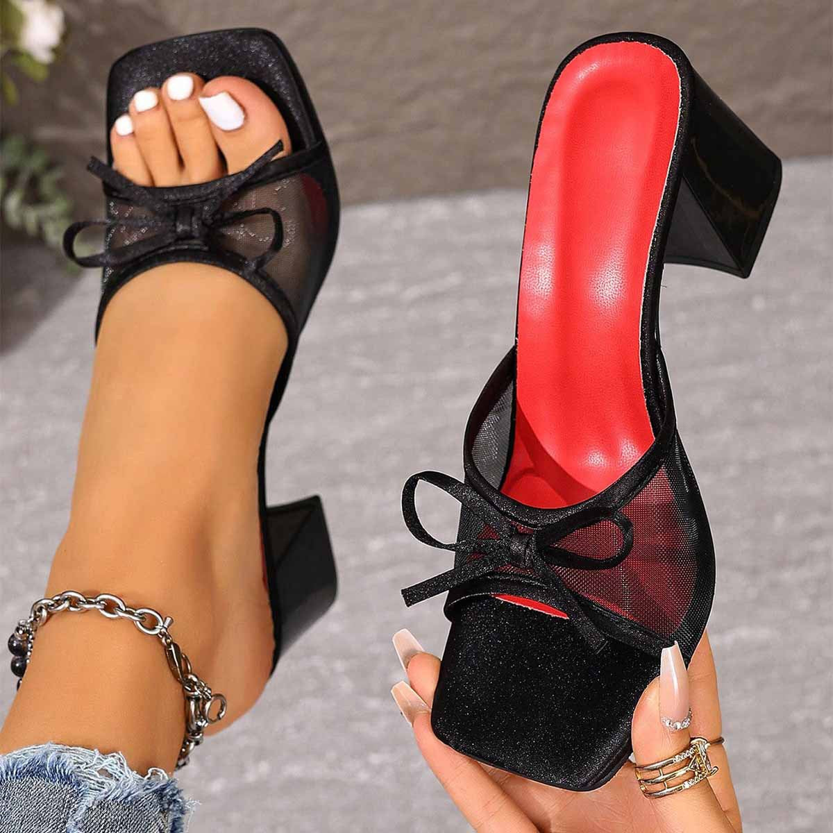 Transparent Chunky Heel High Heel Sandals Women Summer Bow Open Toe Square Head All Match Crystal Shoes  DestGlow