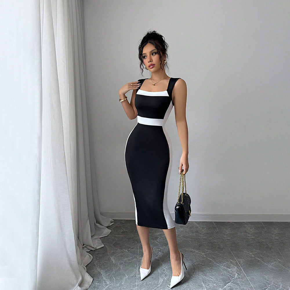Summer Women Clothing Adult Lady Like Woman Intellectual Maxi Dress Square Neck Strap Contrasting Color Dress  DestGlow