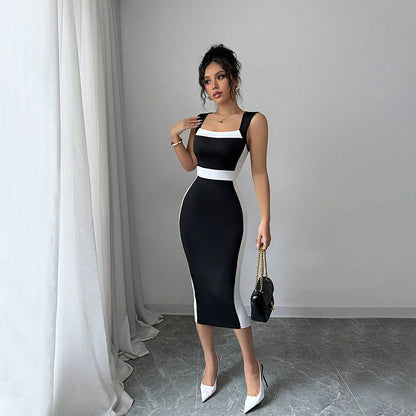 Summer Women Clothing Adult Lady Like Woman Intellectual Maxi Dress Square Neck Strap Contrasting Color Dress  DestGlow