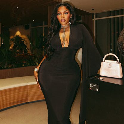 Solid Color Backless Sexy Women Clothing Asymmetric Hip V neck Long Sleeve Party Dress  DestGlow