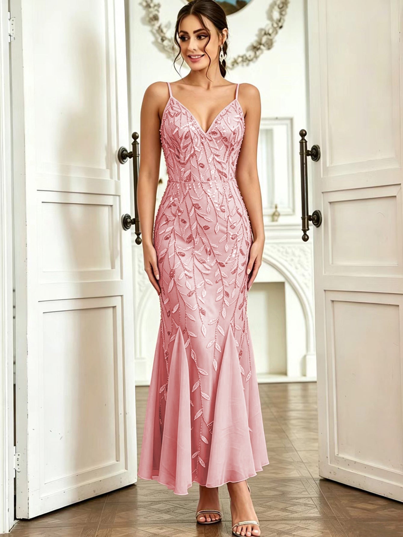 Women Clothing Party Evening Dress Sexy Chiffon Stitching Sequ Dress  DestGlow