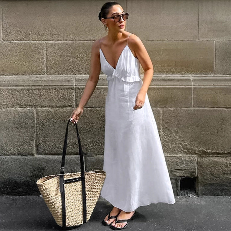 Sexy White Cotton Linen V neck Flounce Loose Sling Dress Spring Summer Vacation Maxi Dress  DestGlow