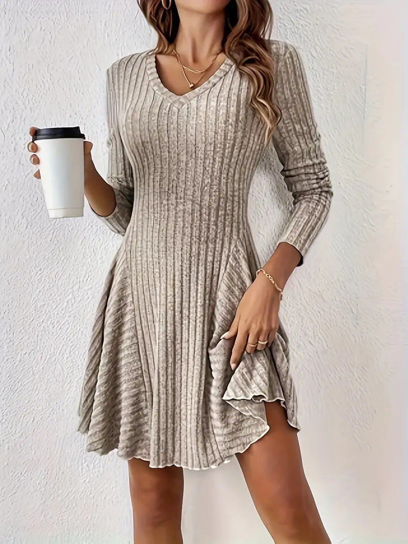 Elegant Knitted V neck Long Sleeve Dress Short Dress Large Swing Dress Women Clothing by Ragazza