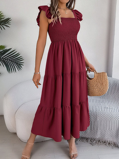 Summer Solid Color Square Collar Wooden Ear Waist A line Dress Women Clothing by Ragazza