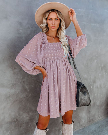 Square Collar Chiffon Polka Dots Short Lantern Sleeve Dress  DestGlow
