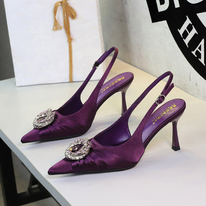 Sexy Satin Closed Toe Sandals Rhinestone round Buckle Stiletto Heel Ankle-Strap Buckle High Heels Women  DestGlow