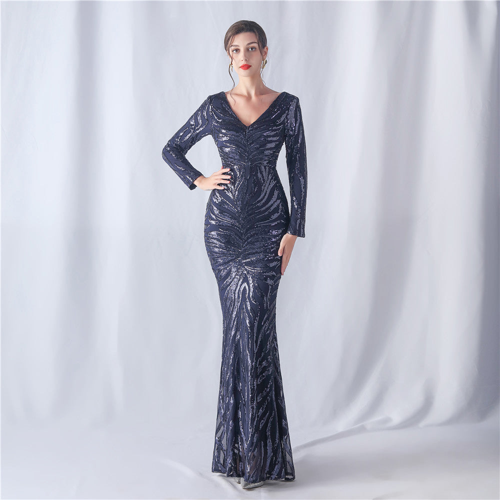 Positioning Floral Cutting Craft Magic Color Sequin Annual Meeting Wedding Long Sleeve Evening Dress by Ragazza