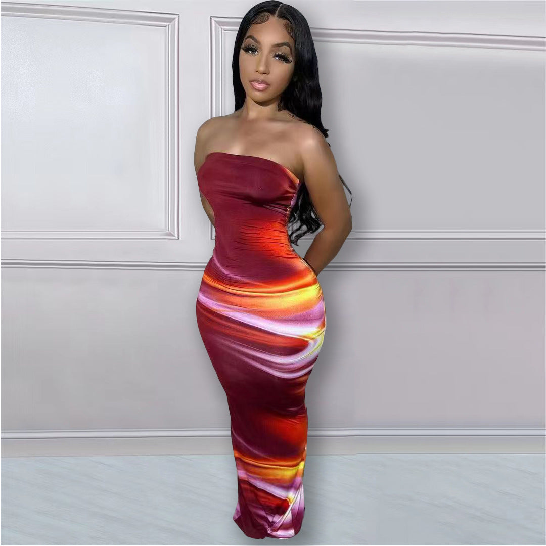 Women Clothing Summer Sexy Off The Shoulder Tube Top Positioning Floral Print Slit Dress by Ragazza