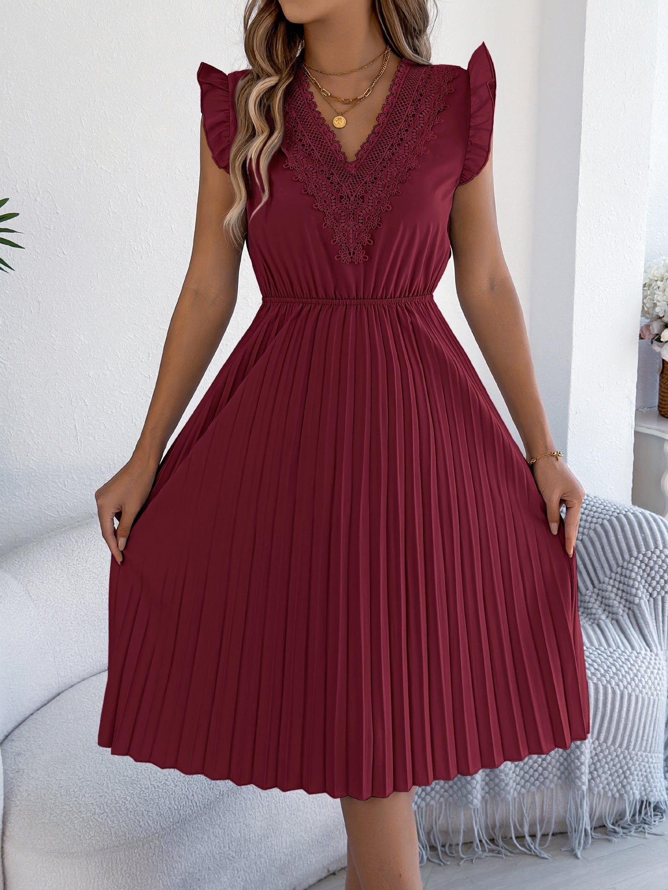 Women Clothing Spring Summer Casual Lace V neck Wooden Ear Cinched Pleated Dress by Ragazza