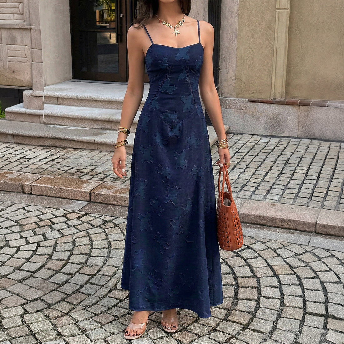 Women Clothing Summer French Vacation Jacquard Strap Waist Dress  DestGlow