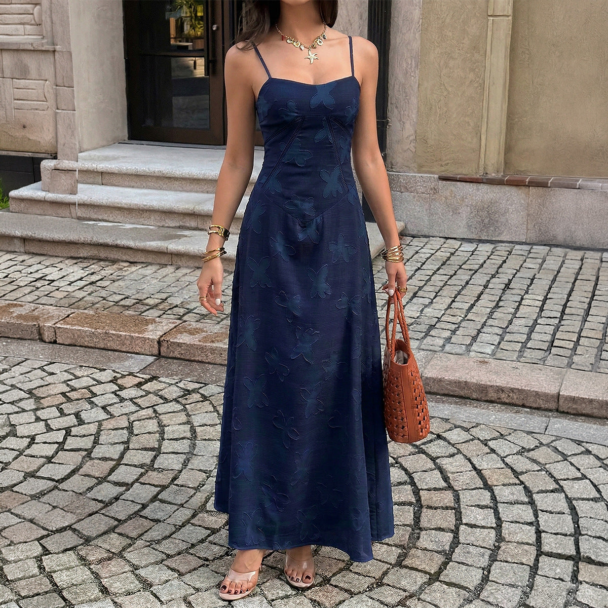 Women Clothing Summer French Vacation Jacquard Strap Waist Dress  DestGlow