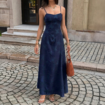 Women Clothing Summer French Vacation Jacquard Strap Waist Dress  DestGlow