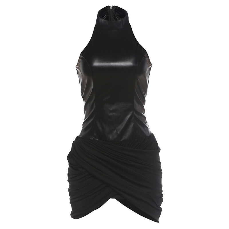 Summer Women Clothing Sexy Stand up Collar Slim Fit Hip Stitching Faux Leather Sleeveless Dress for Women  DestGlow