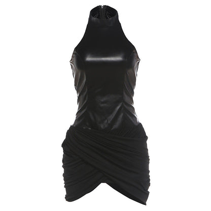 Summer Women Clothing Sexy Stand up Collar Slim Fit Hip Stitching Faux Leather Sleeveless Dress for Women  DestGlow