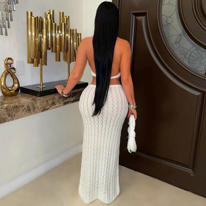 Beach Holiday Hollow Out Cutout out Knitted Halter Dress Deep V Plunge Chain Backless Long Blouse Women Clothing  DestGlow