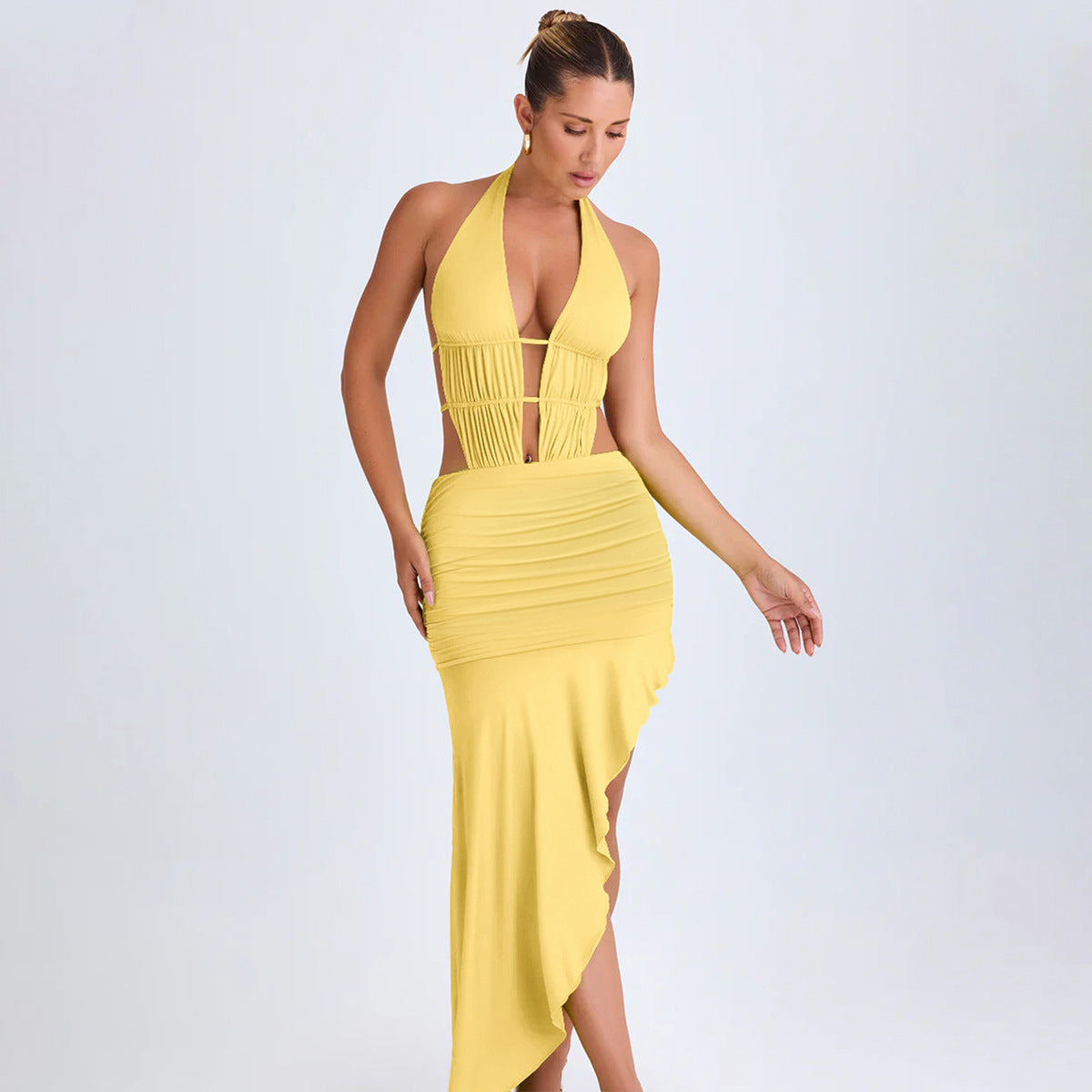 Irregular Asymmetric Women Pleated Tied Dress Autumn Winter Sexy Backless Hollow Out Cutout Hip Dress by Ragazza