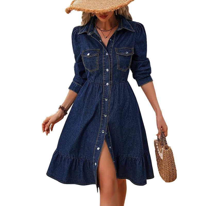 Women Clothing European Size Long Sleeve Collared Mid Length Dress by Ragazza