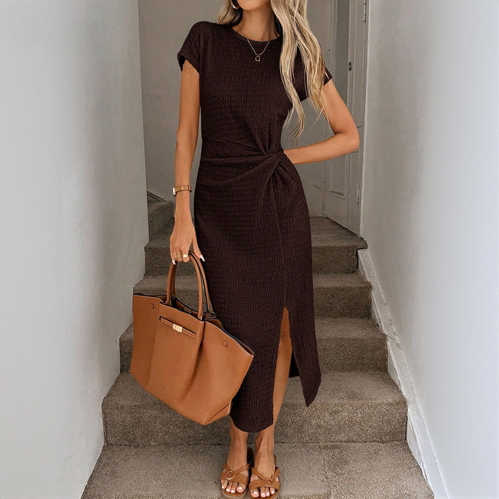 Retro Modern Brown Short Sleeves Waist Split Mid Length Elegant Women Dress by Ragazza