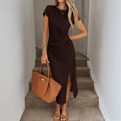 Retro Modern Brown Short Sleeves Waist Split Mid Length Elegant Women Dress by Ragazza