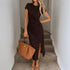 Retro Modern Brown Short Sleeves Waist Split Mid Length Elegant Women Dress by Ragazza